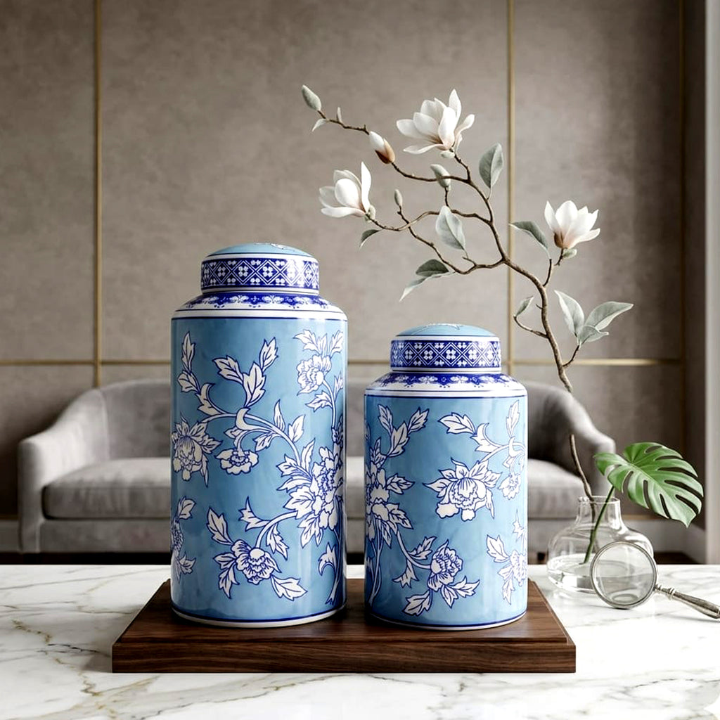 Sky Blue Blossom Cylindrical Temple Jars