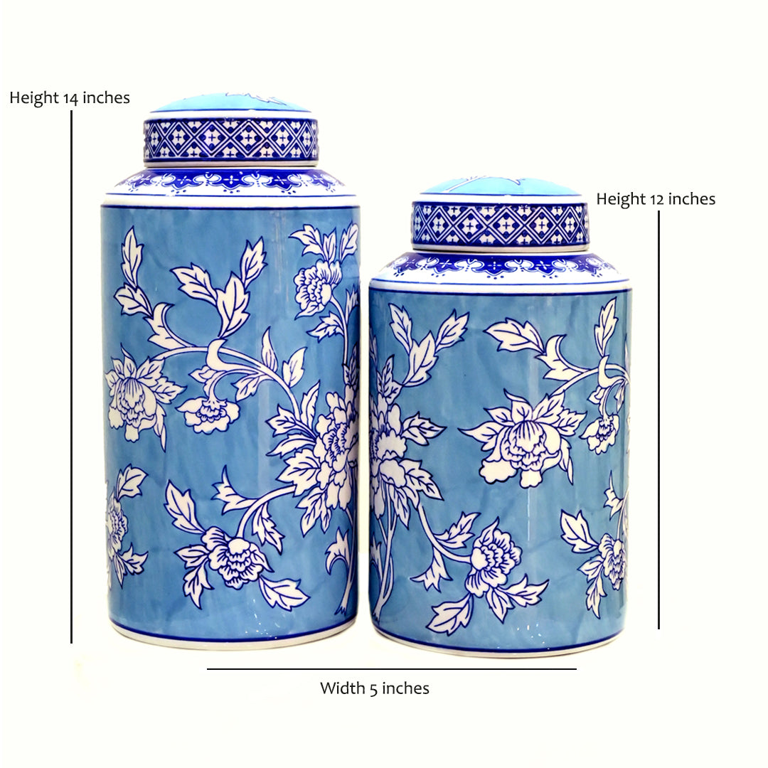 Sky Blue Blossom Cylindrical Temple Jars