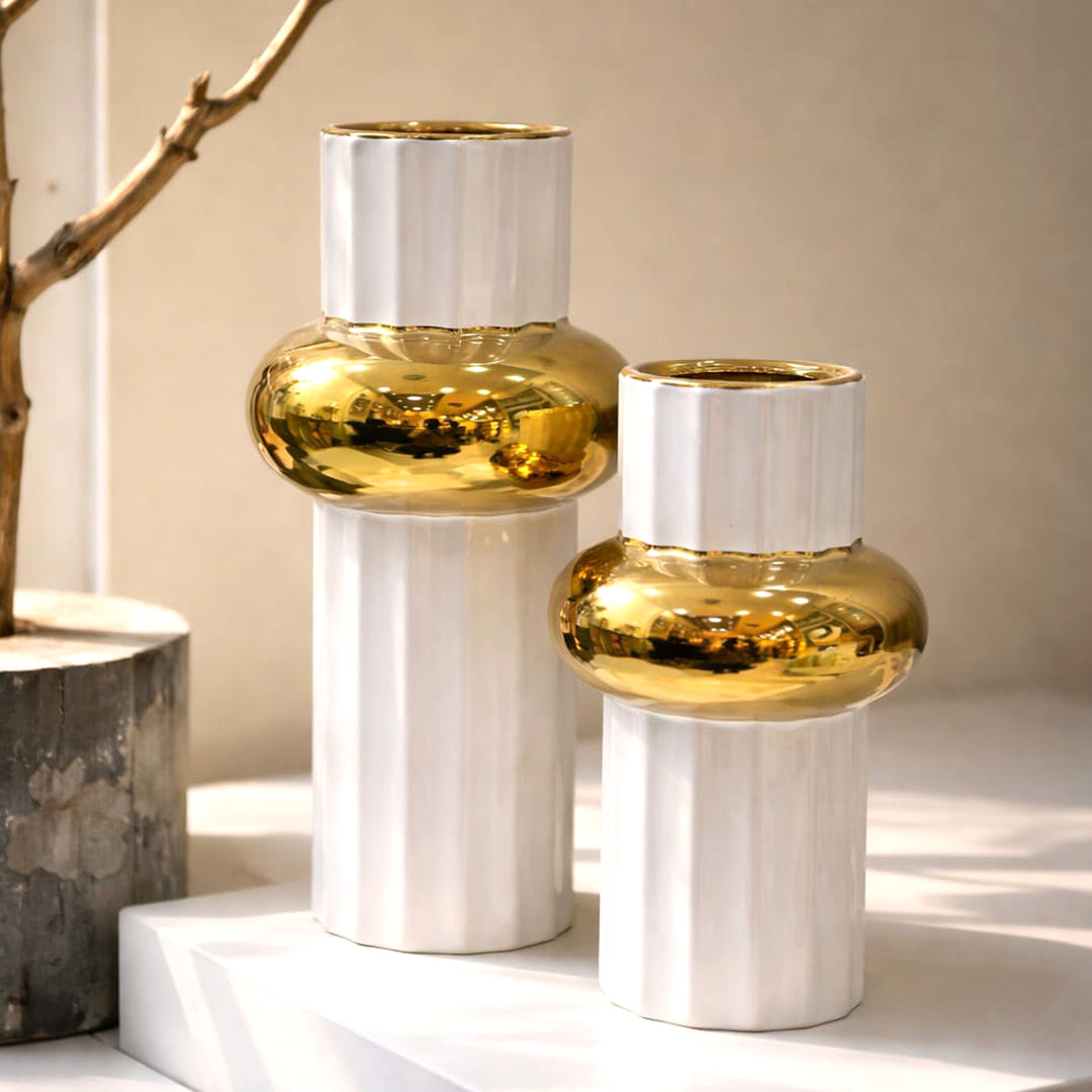 Monaco Fluted White and Gold Totem Vase