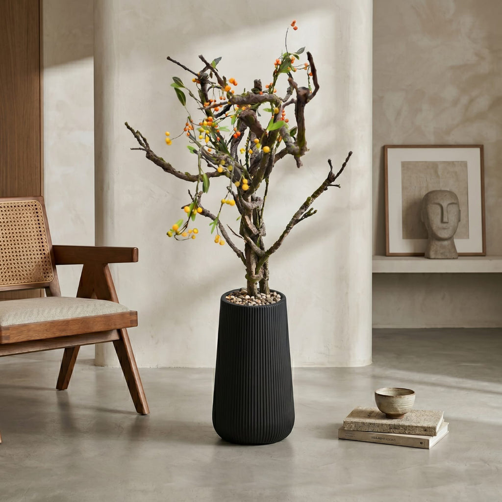 Kyoto Ribbed Tapered Vase with Faux Bittersweet Branches