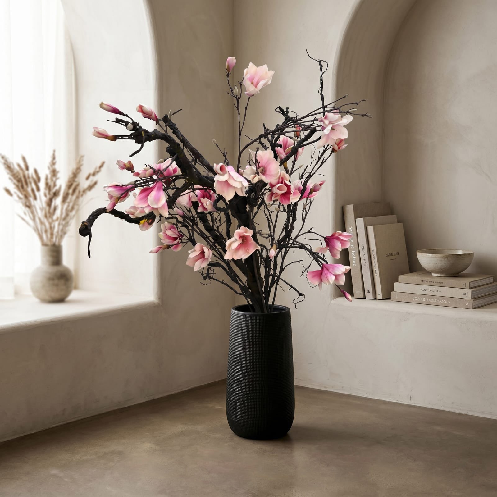 Lotus Textured Charcoal Floor Vase & Faux Magnolia Bundle