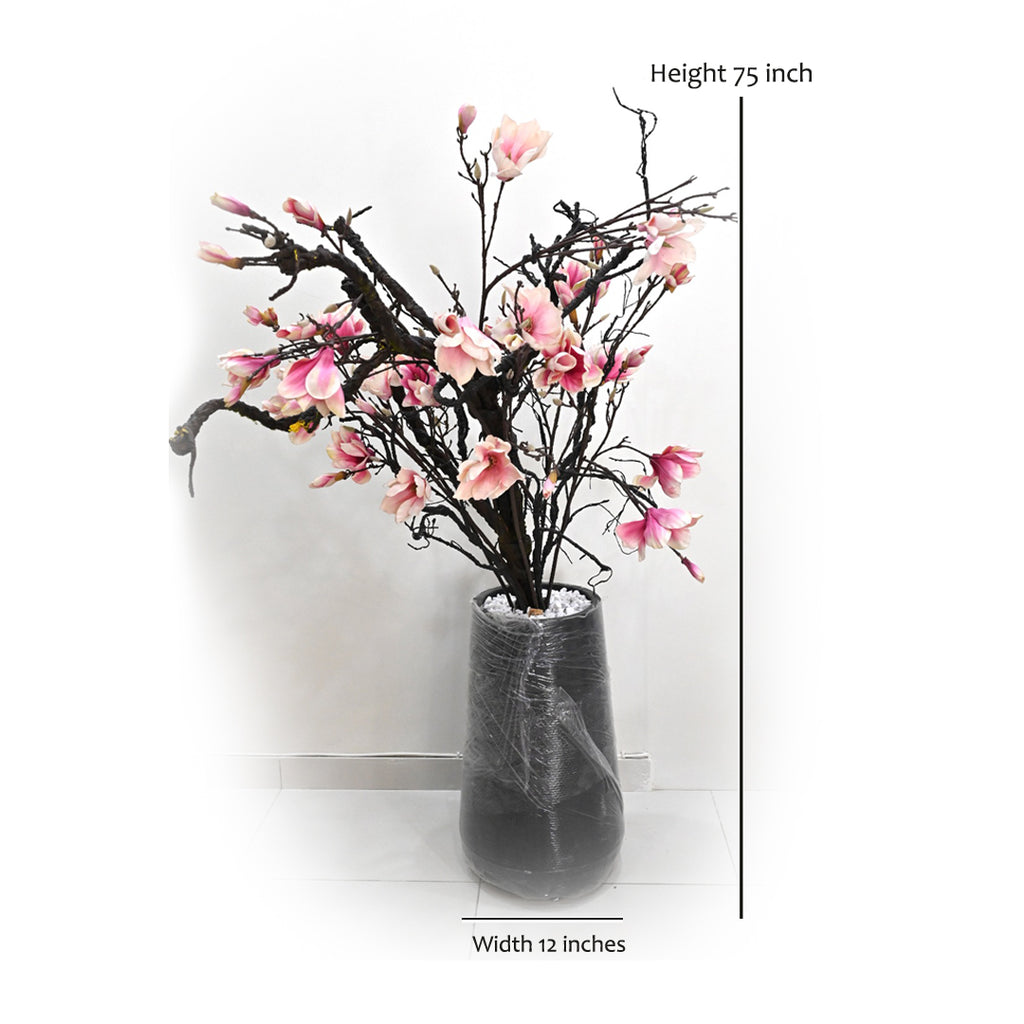 Lotus Textured Charcoal Floor Vase & Faux Magnolia Bundle