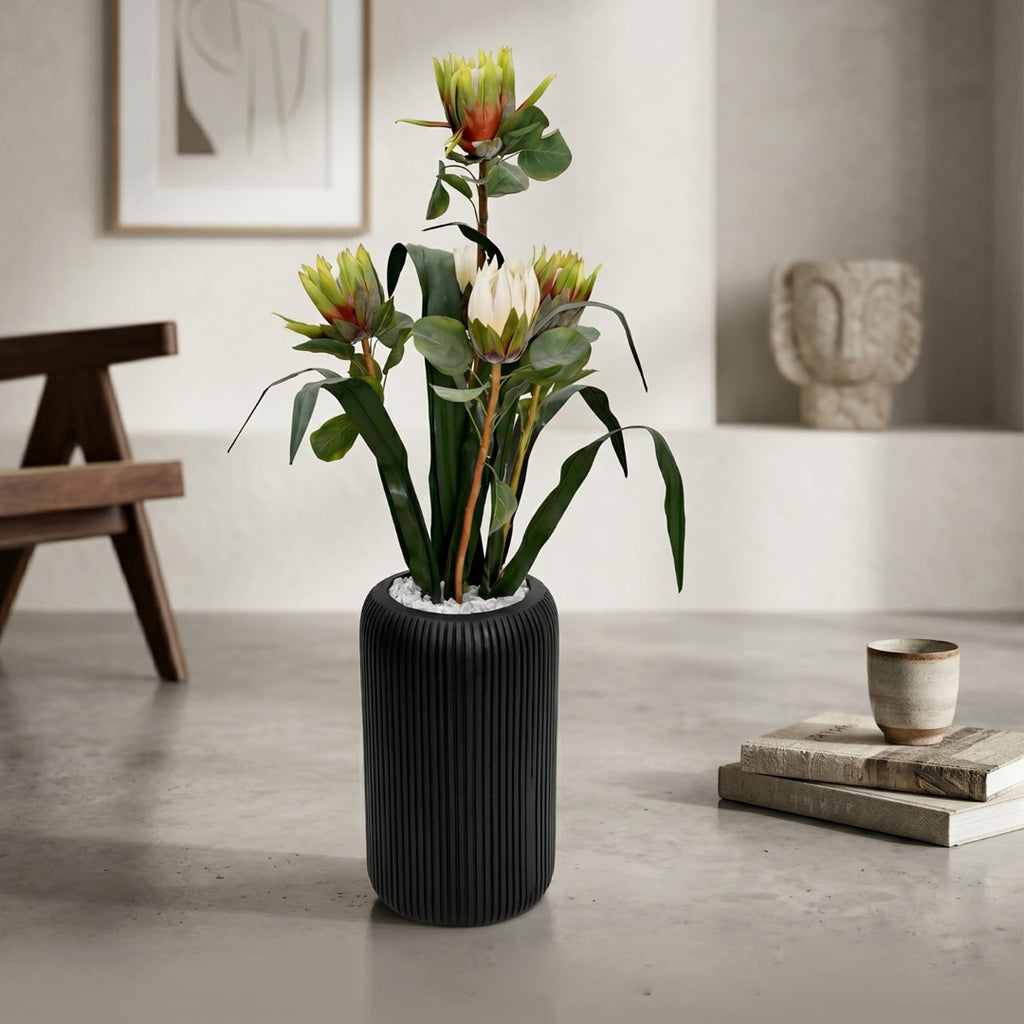 Zora Fluted Charcoal Capsule Vase & Faux King Protea Set
