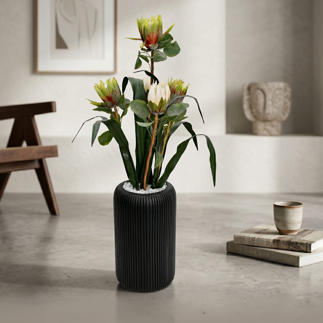 Zora Fluted Charcoal Capsule Vase & Faux King Protea Set