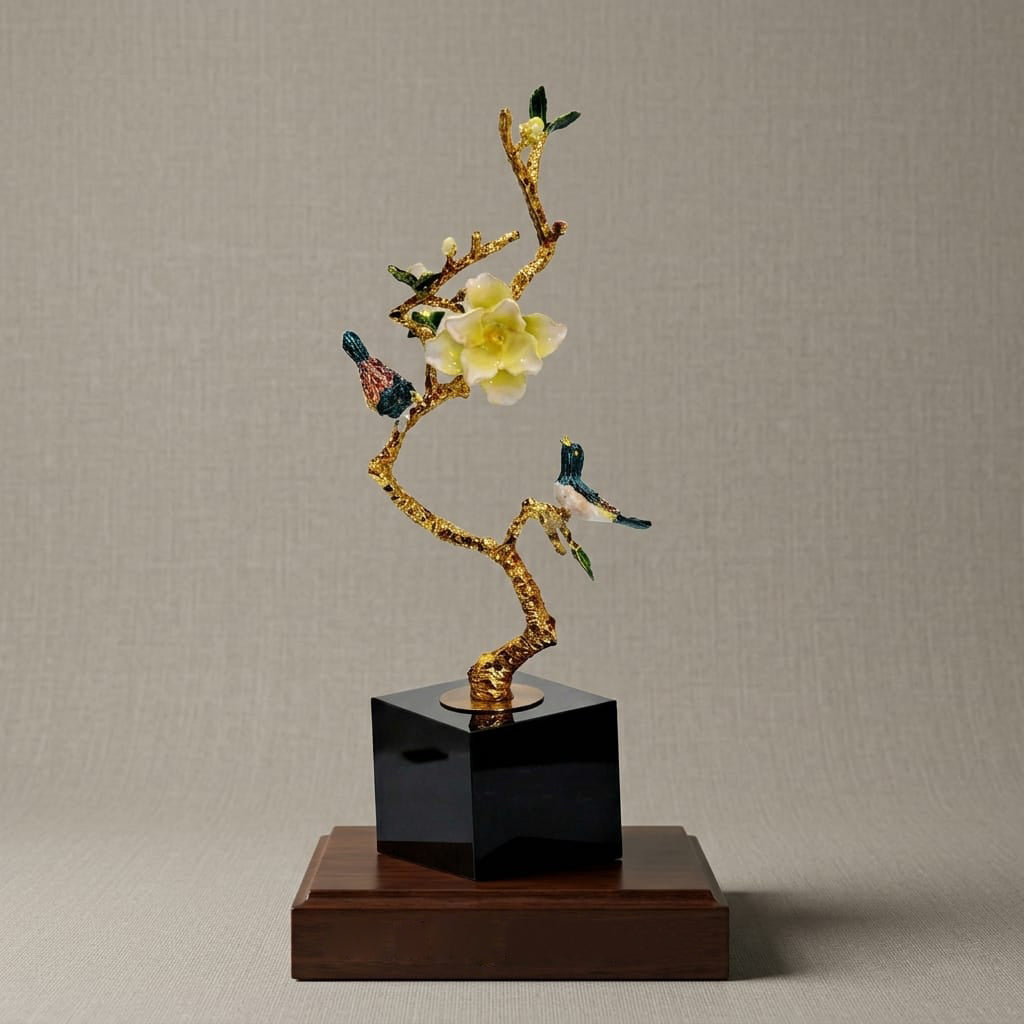 Golden Songbird & Blossom Sculpture