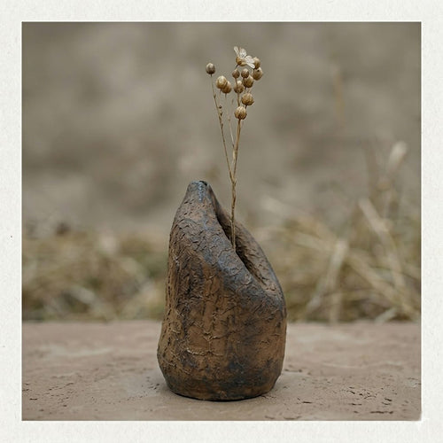A rustic, sculptural clay vase with a unique teardrop shape and rough, textured surface, holding a dried plant stem with small seed pods, set against a blurred natural background.