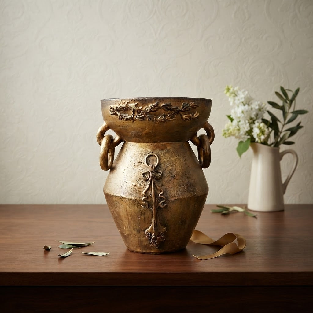 A rustic bronze-toned ceramic vase with two side handles and a decorative key motif on the front, displayed on a wooden table with a white pitcher of flowers in the background.