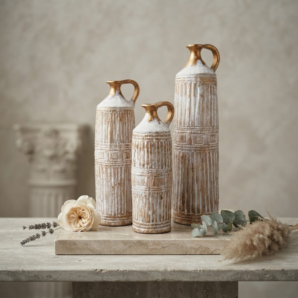 Three tall textured ceramic jugs with ribbed patterns and gold handles, arranged on a stone surface with dried grass, a rose, and eucalyptus in a neutral setting.
