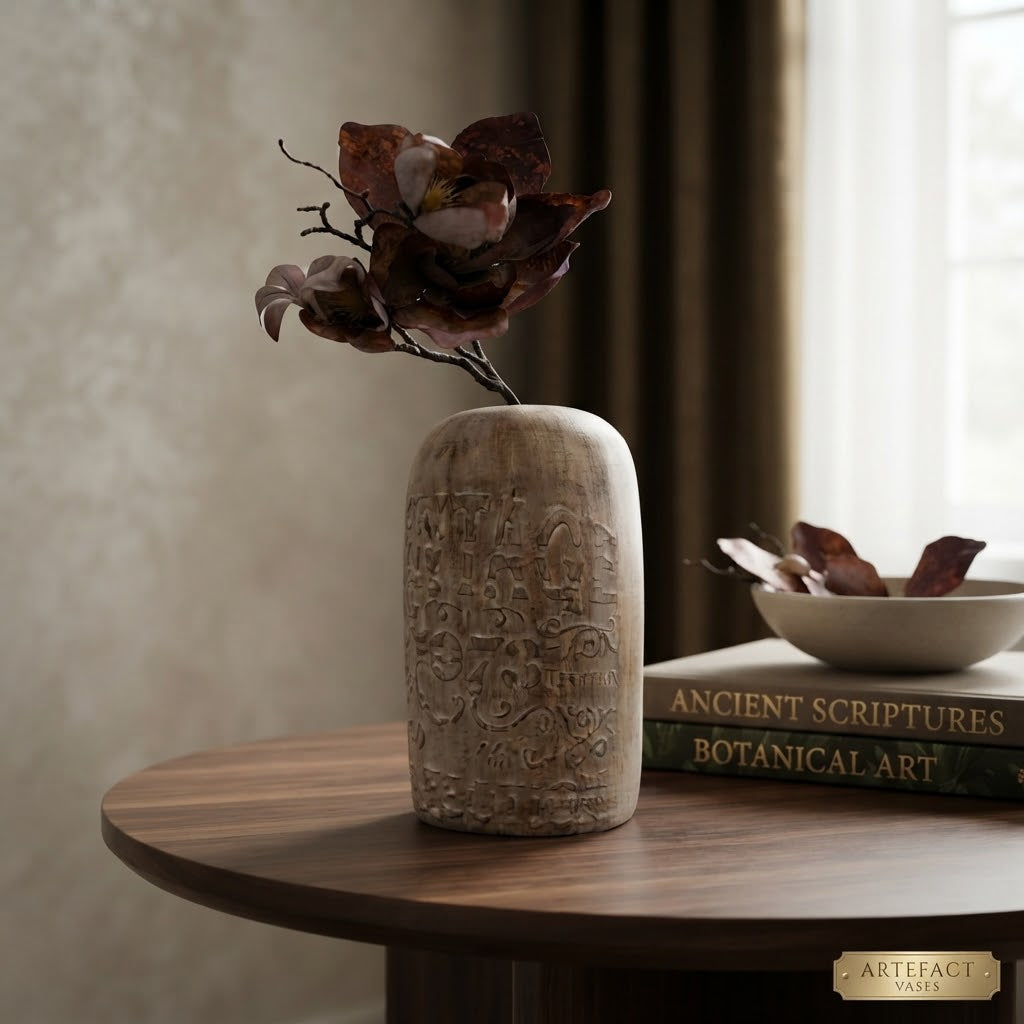 A carved stone vase with a rounded rectangular shape, placed on a round wooden table. The vase is filled with dried dark brown flowers and is styled next to a small bowl of dried leaves and a book titled 'Ancient Scriptures Botanical Art'.