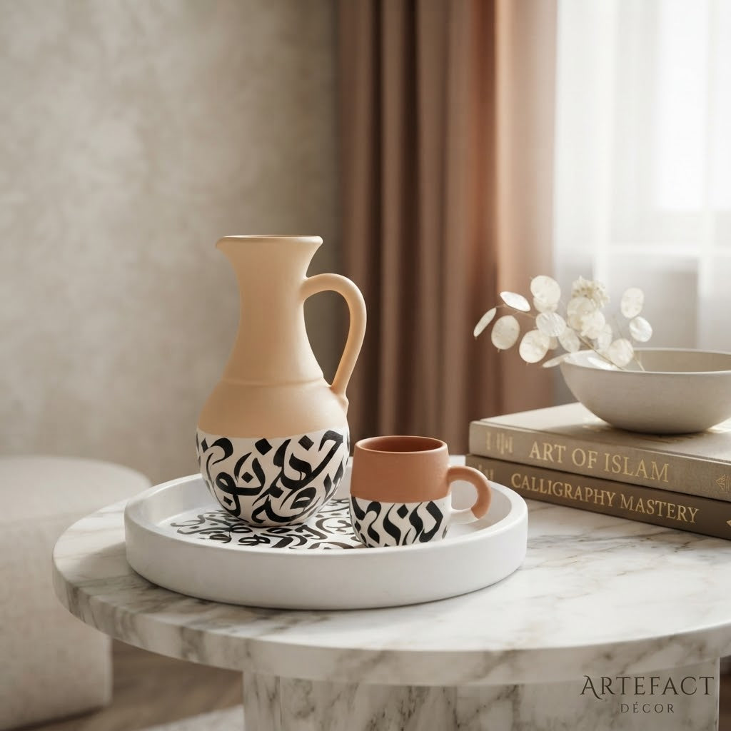 A ceramic pitcher and matching mug with black abstract patterns on a white base, styled on a round white tray on a marble table in a softly lit interior setting.